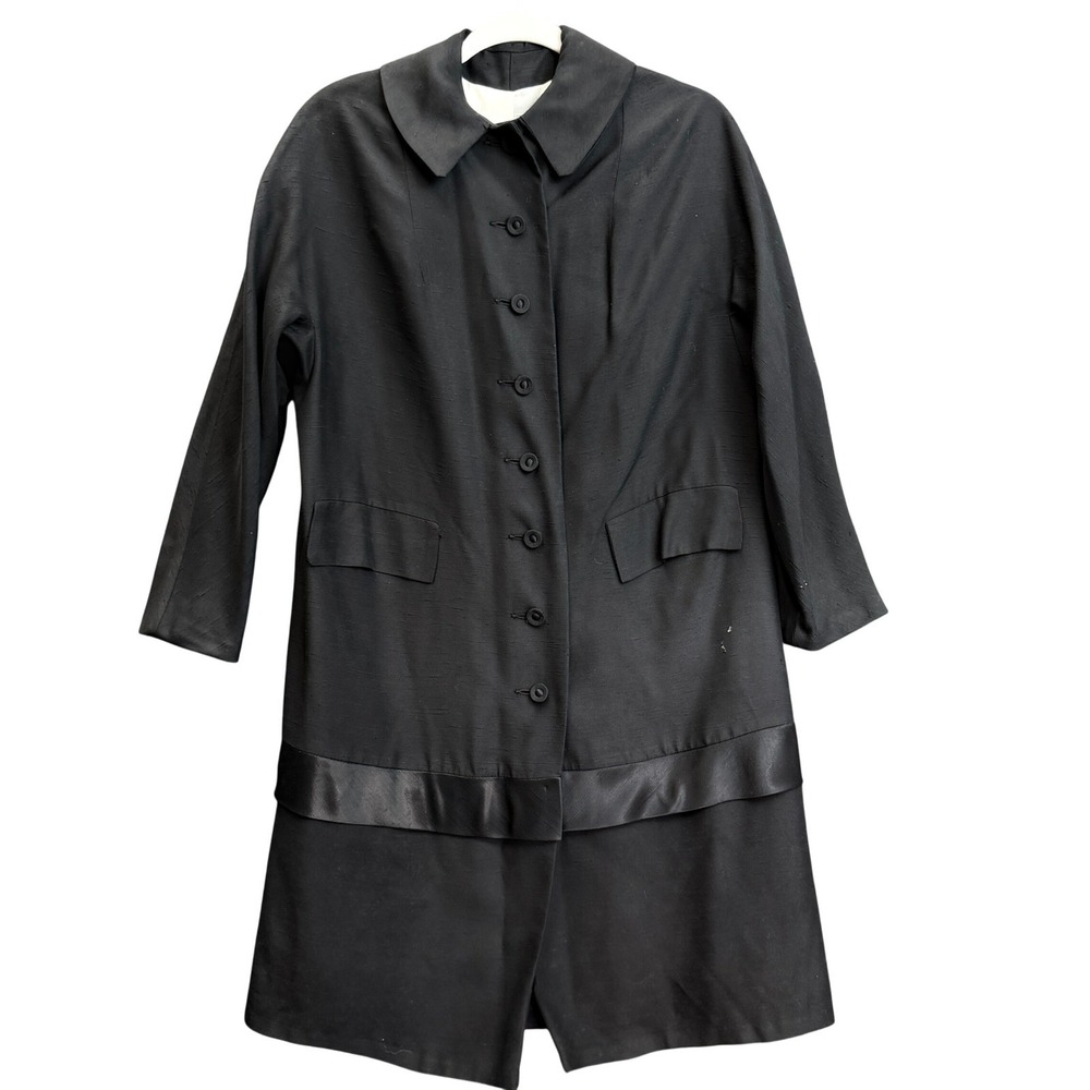 Vintage Womens Black Silk? Shantung Evening Coat Mid Century 35L LOOK damage